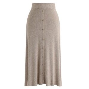 CHICWISH Button Front Trim Ribbed Knit Midi Skirt in Light Tan Small